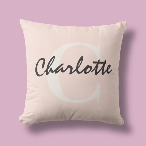 Name Monogram Girly Brush Script Pink Throw Pillow