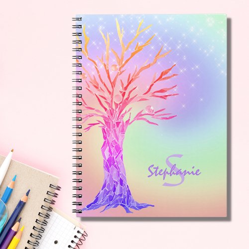 Name Monogram Girly Rainbow Colored Tree Notebook