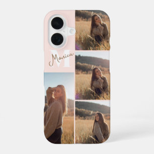 Name Monogram Girly Script 4 Photo Blush Pink iPhone 16 Case