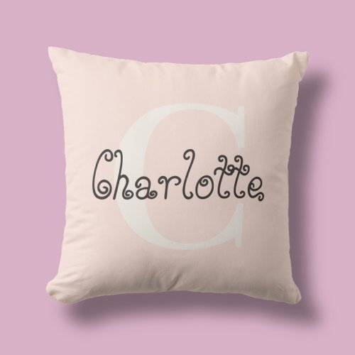 Name Monogram Girly Whimsical Handwritten Pink Throw Pillow