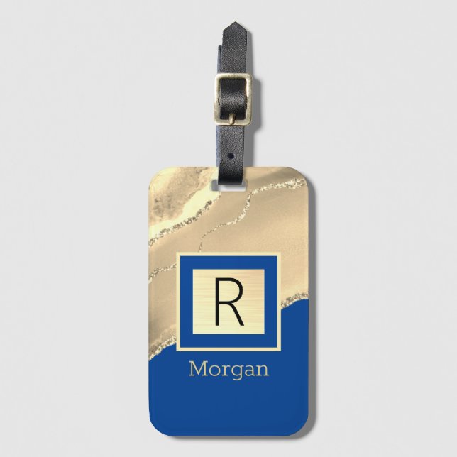 Name & Monogram, Gold Agate, Deep Blue Luggage Tag (Front Vertical)