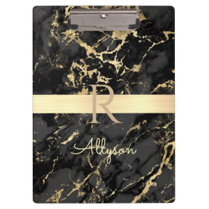 Name & Monogram, Gold Bar, Black & Gold Marble Clipboard