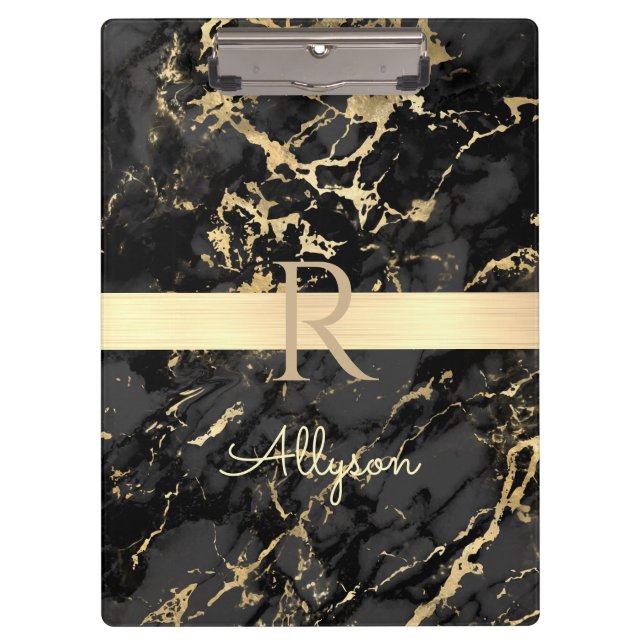 Name & Monogram, Gold Bar, Black & Gold Marble Clipboard (Front)