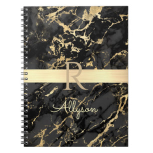 Name & Monogram, Gold Bar, Black & Gold Marble Notebook
