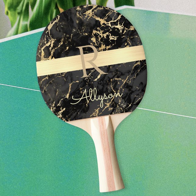 Name & Monogram, Gold Bar, Black & Gold Marble Ping Pong Paddle (Creator Uploaded)