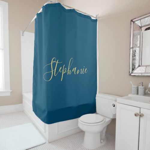 Name Monogram Gold Blue Classy Elegant Custom Shower Curtain