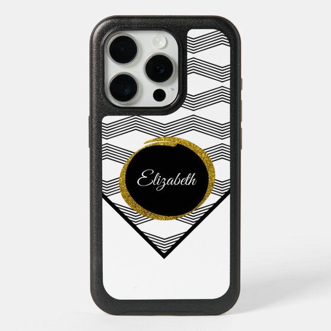 Name Monogram Gold Glitter Black White Pattern iPhone 15 Pro Case (Back)
