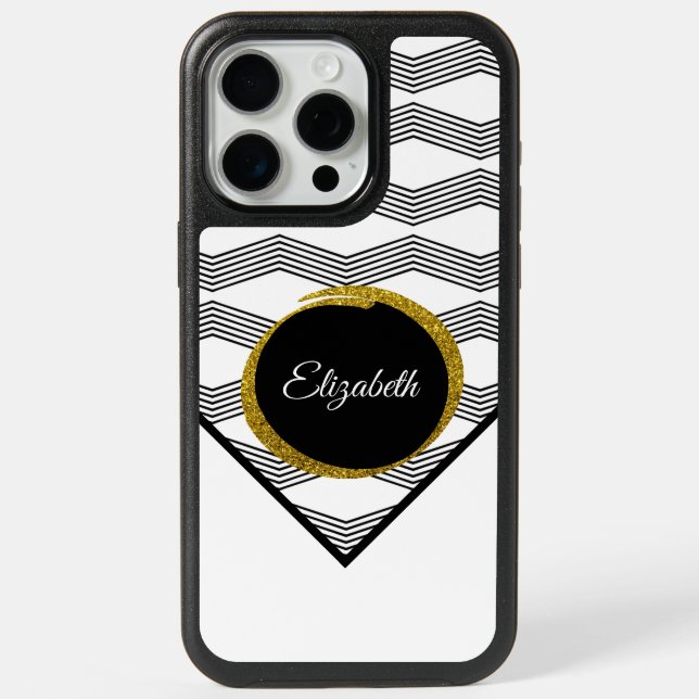 Name Monogram Gold Glitter Black White Pattern iPhone 15 Pro Max Case (Back)
