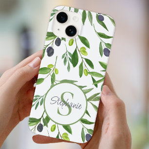 Name Monogram Green Watercolor Olive Pattern Case-Mate iPhone 14 Case