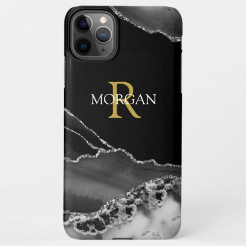 Name  Monogram Grey Black Agate Gold White Text iPhone 11Pro Max Case