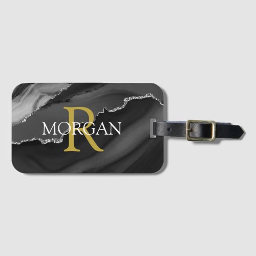 Name  Monogram Grey Black Agate Gold White Text Luggage Tag