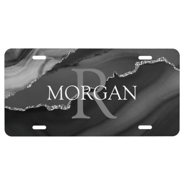 Name & Monogram, Grey Black Agate, Grey White Text License Plate (Front)