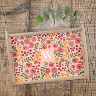 Name Monogram Hand-painted Flowers Blush Pink  Serving Tray