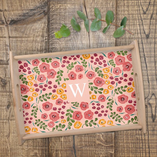 Name Monogram Hand-painted Flowers Blush Pink  Serving Tray (Creator Uploaded)