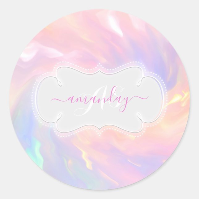 Name Monogram Holographic Unicorn Pink Princess Classic Round Sticker (Front)