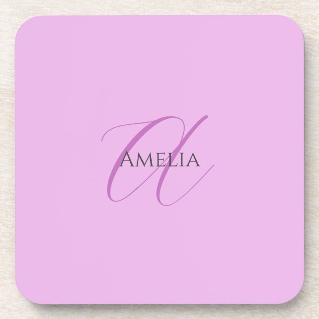 Name Monogram Initial Letter Orchid & Lilac Beverage Coaster (Front)