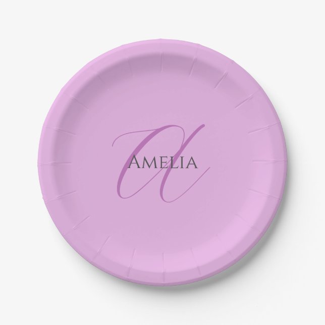 Name Monogram Initial Letter Orchid & Lilac Paper Plates (Front)