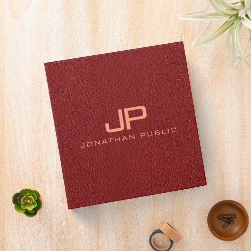 Name Monogram Initial Text Red Brown Leather Look 3 Ring Binder