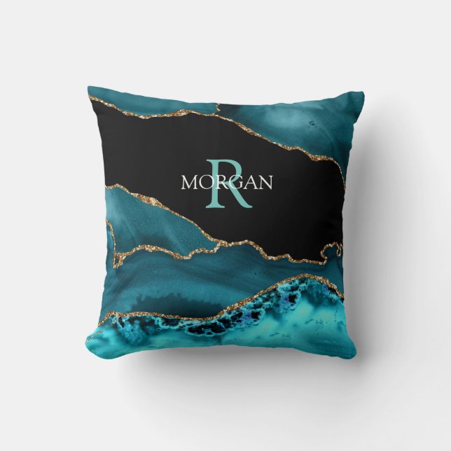 Name & Monogram Lt Teal White, Teal Blk Gold Agate Throw Pillow (Front)