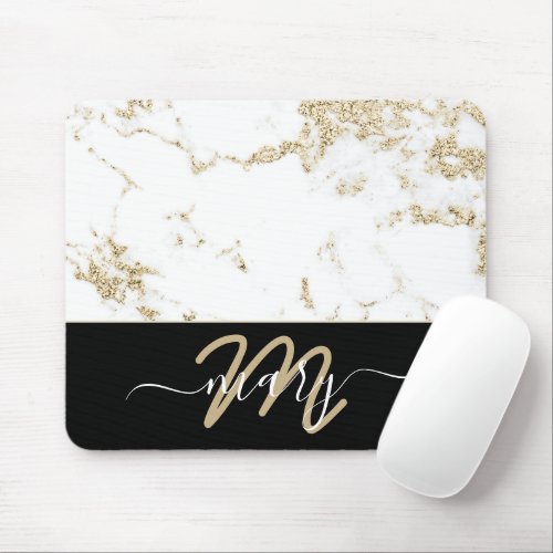 Name Monogram Marble Gold Elegant Back White Mouse Pad
