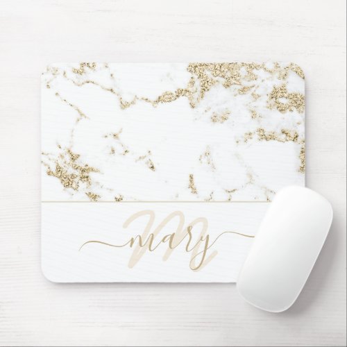 Name Monogram Marble Gold Elegant White Abstract Mouse Pad