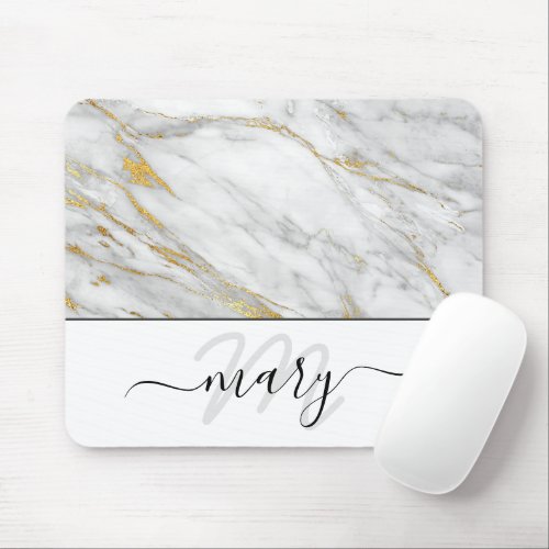 Name Monogram Marble Gold Gray White Abstract Mouse Pad