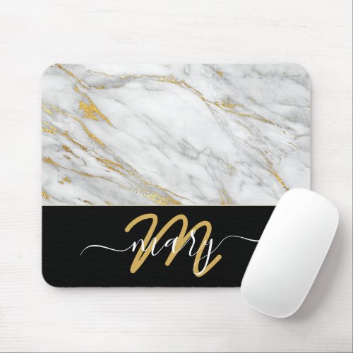 Name Monogram Marble Golden Strokes Back White Mouse Pad