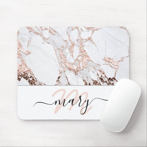 Name Monogram Marble Rose Pink White Abstract Mouse Pad