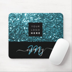 Name Monogram Minimal Blue Glitter Logo Mouse Pad