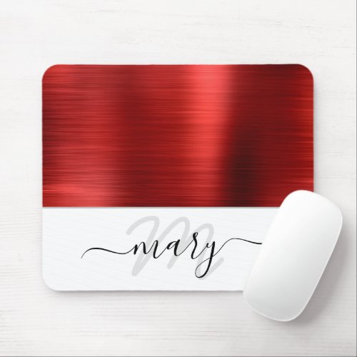 Name Monogram Minimal Burgundy Metal White Modern Mouse Pad