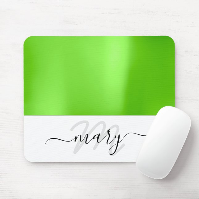 Name Monogram Minimal Fresh Green White Modern Mouse Pad (With Mouse)