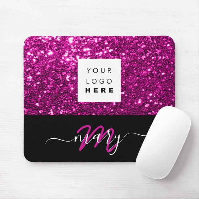 Name Monogram Minimal Pink Glitter Logo Mouse Pad (With Mouse)