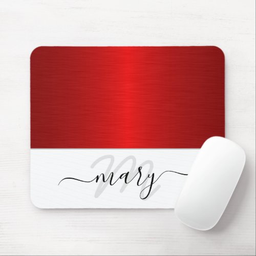 Name Monogram Minimal Red Black White Modern Mouse Pad