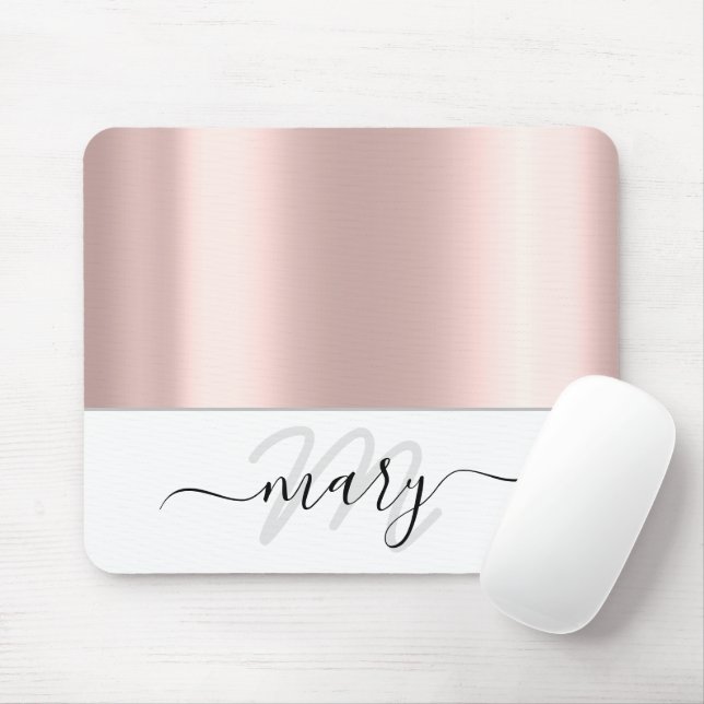 Name Monogram Minimal  Rose Blush White Modern Mouse Pad (With Mouse)