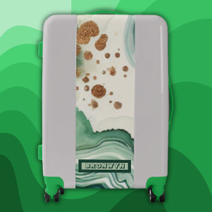 Name Monogram Modern Gold & Green Geode Luggage