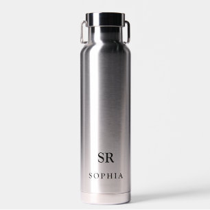 Name Monogram Modern Silver Black Water Bottle