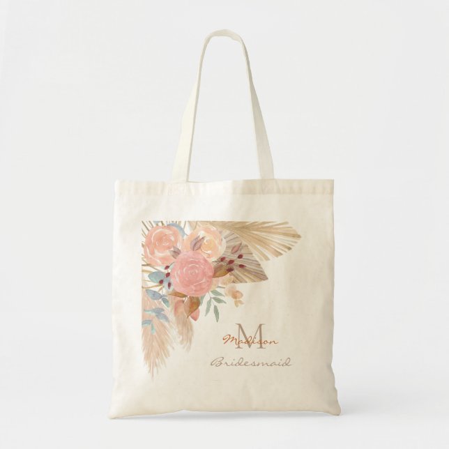 Name Monogram Pampas Bridesmaid Tote Bag (Front)