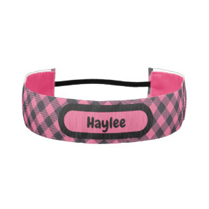 Name Monogram Pink & Black Buffalo Plaid Athletic Headband