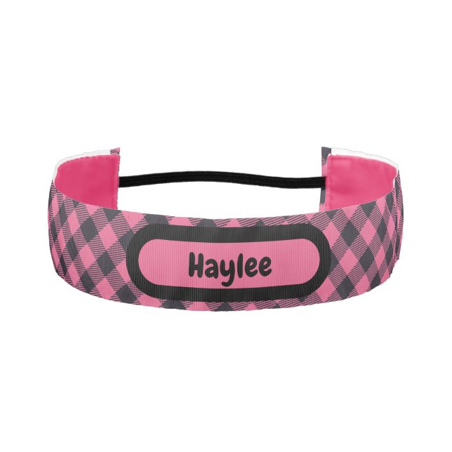 Name Monogram Pink & Black Buffalo Plaid | Athletic Headband (Front)
