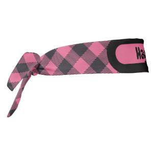 Name Monogram Pink & Black Buffalo Plaid Tie Headband