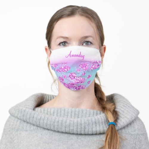 Name Monogram Pink Blue Flowers Glitter Covid_19 Adult Cloth Face Mask