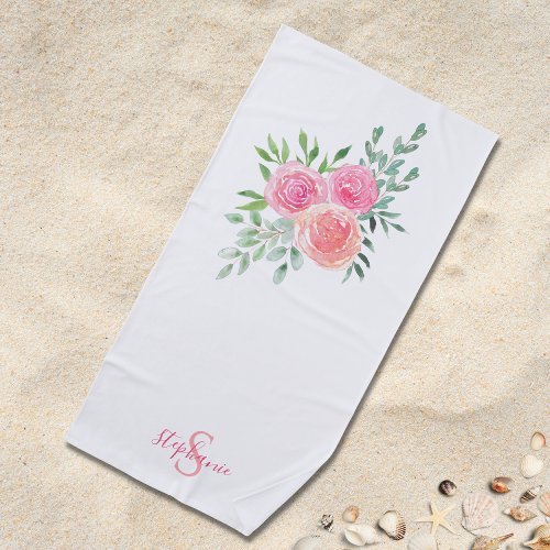 Name Monogram Pink Floral Beach Towel