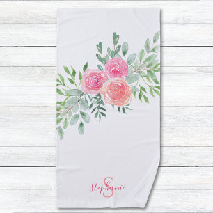 Name Monogram Pink Floral Beach Towel