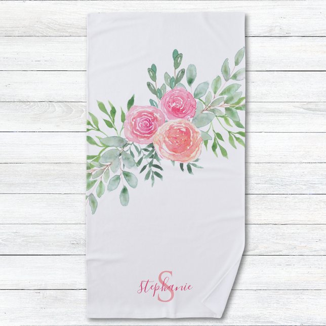  Name Monogram Pink Floral  Beach Towel (Creator Uploaded)