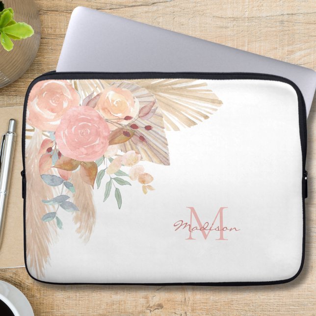 Name Monogram Pink Floral  Laptop Sleeve (Creator Uploaded)
