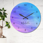 Name Monogram Pink Purple Blue Large Clock<br><div class="desc">This colourful Wall Clock is decorated with a swirl pattern in pink,  blue and purple.
Easily customizable with your name or monogram.
Use the Customize Further option to change the text size,  style or color if you wish.</div>