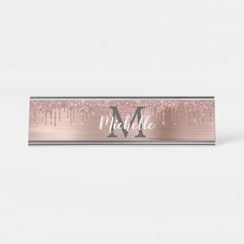 Name Monogram Pink Rose Gold Glitter Dripping  Desk Name Plate