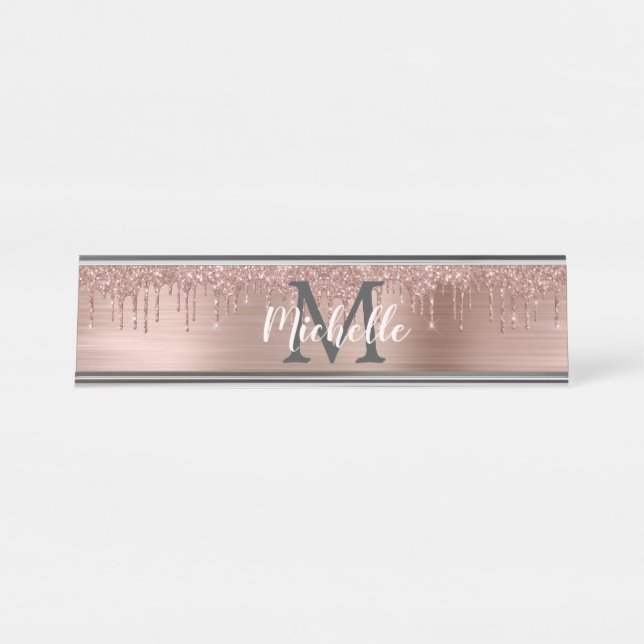 Name Monogram Pink Rose Gold Glitter Dripping  Desk Name Plate (Front)