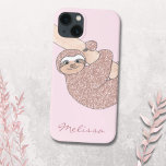 Name Monogram Pink Sloth  iPhone 13 Case<br><div class="desc">This cute phone case is decorated with a blush pink glitter sloth hanging from a branch.
Easily customizable.
Use the Design Tool to change the text size,  style,  or color.
As we create our artwork you won't find this exact image from other designers.
Original Watercolor © Michele Davies.</div>