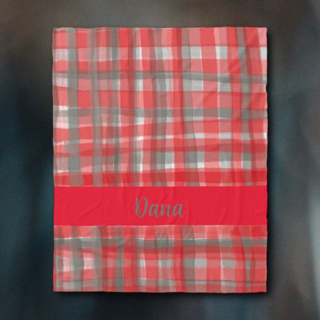 Name Monogram plaid red gray tartan watercolor Fleece Blanket (Creator Uploaded)